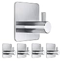 GROVENT® 3M Adhesive Hooks 5 Pcs Stainless Steel Stick on Hooks for Hanging Towels ，Waterproof Towel Hangers for Bathroom Wall，Bathroom Wall，Shower Wall, Kitchen (T-Square Silver)