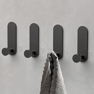 grovent 4 pcs self adhesive hooks black adhesive hooks extra strong hanging clothes robe bath towel in bathroom shower kitchen rustproof rectangle black