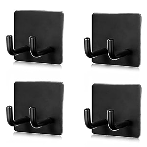 grovent 4 pcs self-adhesive stainless steel hooks heavy-duty wall hangings waterproof amp drill-free - strong towel coat and kitchen hooks for bathroom and kitchen double hook black
