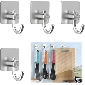 grovent 4 pcs self-adhesive stainless steel hooks heavy-duty wall hanging solution for bathroom amp kitchen - waterproof drill-free strong coattowel wall hooks big square silver hook