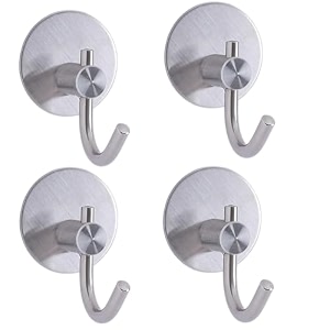 grovent 4 pcs self-adhesive stainless steel hooks heavy-duty wall hanging solution for bathroom amp kitchen - waterproof drill-free strong coattowel wall hooks large j round silver
