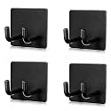 GROVENT® 4 pcs Self-Adhesive Stainless Steel Hooks: Heavy-Duty Wall Hangings, Waterproof &amp; Drill-Free - Strong Towel, Coat, and Kitchen Hooks for Bathroom and Kitchen (Double Hook Black)