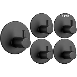 grovent 5 pcs adhesive hooks heavy duty wall hooks waterproof stainless steel hooks for hanging coat hattowel robe hook rack wall mount- bathroom and bedroom t-round black