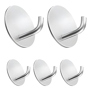 grovent 5 pcs self-adhesive stainless steel hooks heavy-duty waterproof wall hangers for bathroom and kitchen - strong hold for coats towels and more no drilling needed j round silver