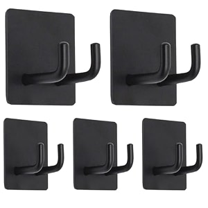 grovent 5 pcs self-adhesive stainless steel hooks heavy-duty wall hangings waterproof amp drill-free - strong towel coat and kitchen hooks for bathroom and kitchen double hook black
