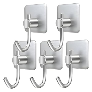 grovent 5 pcs self-adhesive stainless steel hooks heavy-duty wall hanging solution for bathroom amp kitchen - waterproof drill-free strong coattowel wall hooks big square silver hook