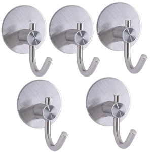 grovent 5 pcs self-adhesive stainless steel hooks heavy-duty wall hanging solution for bathroom amp kitchen - waterproof drill-free strong coattowel wall hooks large j round silver