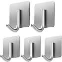 GROVENT® 5 Pcs Self-Adhesive Stainless Steel Hooks Heavy-Duty Wall Hangings, Waterproof &amp; Drill-Free - Strong Towel, Coat and Kitchen Hooks for Bathroom and Kitchen (Heavy J Silver Square)
