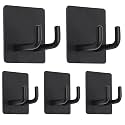 GROVENT® 5 pcs Self-Adhesive Stainless Steel Hooks: Heavy-Duty Wall Hangings, Waterproof &amp; Drill-Free - Strong Towel, Coat, and Kitchen Hooks for Bathroom and Kitchen (Double Hook Black)