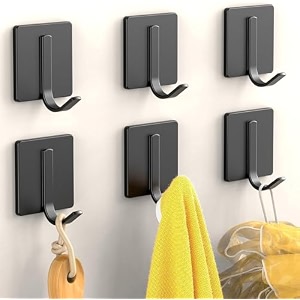 grovent 6 pcs adhesive hooks robe towel hook for hanging heavy duty wall hooks waterproof stainless steel hooks black stick on bathroom kitchen home door bedroom heavy j black square