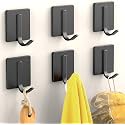GROVENT® 6 Pcs Adhesive Hooks, Robe Towel Hook for Hanging Heavy Duty Wall Hooks Waterproof Stainless Steel Hooks Black Stick on Bathroom Kitchen Home Door Bedroom (Heavy J Black Square)
