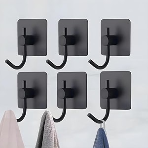 grovent 6 pcs self-adhesive stainless steel hooks heavy-duty wall hangings waterproof amp drill-free - strong towel coat and kitchen hooks for bathroom and kitchen big squre black hook