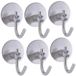 grovent 6 pcs self-adhesive stainless steel hooks heavy-duty wall hanging solution for bathroom amp kitchen - waterproof drill-free strong coattowel wall hooks large j round silver