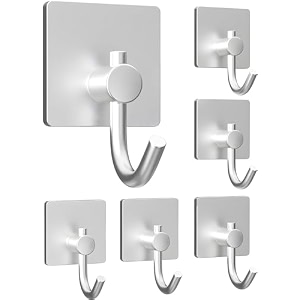 grovent 6 pcs self-adhesive stainless steel hooks heavy-duty wall hanging solution for bathroom amp kitchen - waterproof drill-free strong coattowel wall hooks big square silver hook