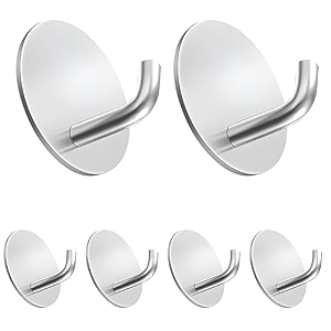 grovent 6 pcs self-adhesive stainless steel hooks heavy-duty waterproof wall hangers for bathroom and kitchen - strong hold for coats towels and more no drilling needed j round silver