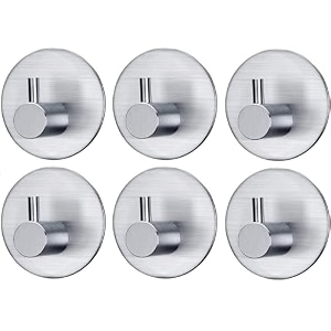 grovent 6 pcs self-adhesive stainless steel hooks heavy-duty wall hanging solution without drilling - waterproof hooks for bathroom and kitchen towels t- round silver