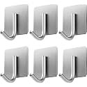 GROVENT® 6 Pcs Self-Adhesive Stainless Steel Hooks Heavy-Duty Wall Hangings, Waterproof &amp; Drill-Free - Strong Towel, Coat and Kitchen Hooks for Bathroom and Kitchen (Heavy J Silver Square)