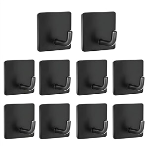 grovent 10 pcs self adhesive hookswall hangings hookstainless steel hooks for wall without drilling heavy duty bathroom kitchen towel wall hooks for hanging strong coat j square black