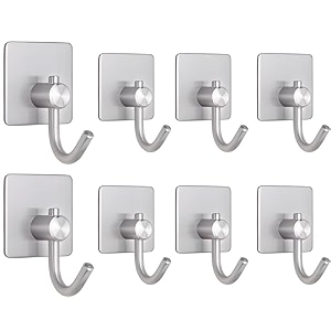 grovent 8 pcs self-adhesive stainless steel hooks heavy-duty wall hanging solution for bathroom amp kitchen - waterproof drill-free strong coattowel wall hooks big square silver hook