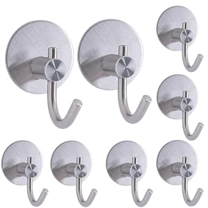 grovent 8 pcs self-adhesive stainless steel hooks heavy-duty wall hanging solution for bathroom amp kitchen - waterproof drill-free strong coattowel wall hooks large j round silver
