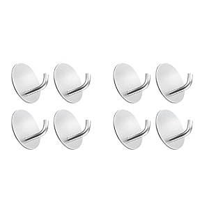 grovent 8 pcs self-adhesive stainless steel hooks heavy-duty waterproof wall hangers for bathroom and kitchen - strong hold for coats towels and more no drilling needed j round silver