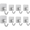 GROVENT® 8 pcs Self-Adhesive Stainless Steel Hooks: Heavy-Duty Wall Hanging Solution for Bathroom &amp; Kitchen - Waterproof, Drill-Free, Strong Coat/Towel Wall Hooks (Big Square Silver Hook)