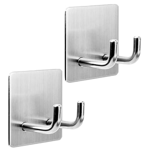 grovent 2 pcs self-adhesive waterproof stainless steel hooks heavy-duty wall hangers for bathroom amp kitchen - no drill needed strong hold for coats and towels double hook silver