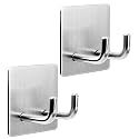 GROVENT® 2 pcs Self-Adhesive Waterproof Stainless Steel Hooks: Heavy-Duty Wall Hangers for Bathroom &amp; Kitchen - No Drill Needed, Strong Hold for Coats and Towels (Double Hook Silver)