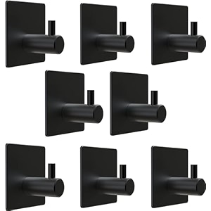 grovent 8 pcs wall hooks for hanging strong heavy duty stainless steel waterproof towel hooks stick on hooks wall hangers sticky hooks for hanging bathroom kitchen t-square black