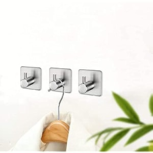 grovent adhesive hooks heavy duty wall hooks waterproof stainless steel hooks for hanging coat hattowel robe hook rack wall mount- bathroom and bedroompack of 3 pcs t-square silver