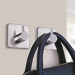 grovent 2 pcs adhesive hooks heavy duty sticky wall hooks stick on hooks hangers for hanging bathroom kitchen door window cabinet stainless steel t-square silver