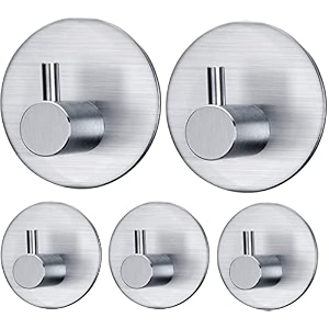 grovent adhesive hooks heavy duty wall hooks waterproof stainless steel hooks for hanging coat hattowel robe hook rack wall mount- bathroom and bedroom pack of 5 pcs t-rounds silver
