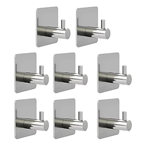 grovent adhesive hooks heavy duty wall hooks waterproof stainless steel hooks for hanging coat hattowel robe hook rack wall mount- bathroom and bedroompack of 8 pcs t-square silver