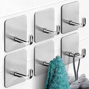 grovent adhesive hooks wall hanger towel hooks heavy duty wall hooks for hanging ideal for bathroom shower kitchen home door closet cabinet stainless steel pack of 5 pcs j - silver
