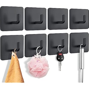 grovent adhesive hooks wall hanger towel hooks heavy duty wall hooks for hanging ideal for bathroom shower kitchen home door closet cabinet stainless steelpack of 8 pcs j - black