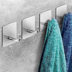 grovent adhesive hooks wall hanger towel hooks heavy duty wall hooks for hanging ideal for bathroom shower kitchen home door closet cabinet stainless steel pack of 4 pcs j - silver