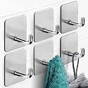 Grovent Adhesive Hooks, Wall Hanger Towel Hooks, Heavy Duty Wall Hooks for Hanging Ideal for Bathroom Shower Kitchen Home Door Closet Cabinet Stainless Steel (Pack of 6 PCS, J - Silver)