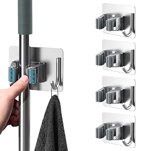 grovent mop broom holder no drill mop broom organizer wall mounted heavy duty with hooks hanger storage rack self adhesive stainless steel pack of 1 pcs broom holder silver