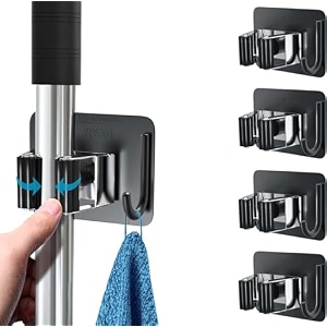 grovent mop broom holder no drill mop broom organizer wall mounted heavy duty with hooks hanger storage rack self adhesive stainless steel pack of 4 pcs broom holder black