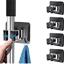 GROVENT Mop Broom Holder No Drill, Mop Broom Organizer Wall Mounted Heavy Duty with Hooks Hanger, Storage Rack Self Adhesive Stainless Steel (Pack of 2 PCS, Broom Holder Black)