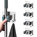 GROVENT® Mop Broom Holder No Drill, Mop Broom Organizer Wall Mounted Heavy Duty with Hooks Hanger, Storage Rack Self Adhesive Stainless Steel for Bathroom, Kitchen, Office (4 PCS, Black)