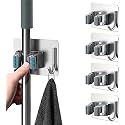 GROVENT Mop Broom Holder No Drill, Mop Broom Organizer Wall Mounted Heavy Duty with Hooks Hanger, Storage Rack Self Adhesive Stainless Steel (Pack of 4 PCS, Broom Holder Silver)