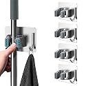 GROVENT® Mop Broom Holder No Drill, Mop Broom Organizer Wall Mounted Heavy Duty with Hooks Hanger, Storage Rack Self Adhesive Stainless Steel for Bathroom, Kitchen, Office (1 PCS, Black)