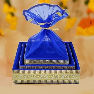 grownex hampers royal blue wooden hamper tray with net  rakhi diwali wedding festive basket  engagement decorative mdf gift box  set of 3