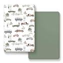 GRSSDER Pack n Play Sheets Fitted 2 Pack, Stretchy Ultra Soft Jersey Knit Pack and Play Sheets, Universal Fitted Portable/Mini Crib Mattresses Snug and Safe, Neutral Pattern of Cars Print