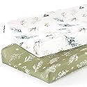 GRSSDER Stretch Ultra Soft Jersey Knit Changing Pad Cover Set 2 Pack,Change Table Pad Covers Fit 32"/34" x 16" Pads Safe and Snug,Stylish Watercolor Flora and Olive for Baby