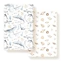 GRSSDER Stretchy Super Soft Jersey Knit Fitted Pack n Play Sheets Set 2 Pack, Universal Fitted for Portable/Mini Crib Mattresses Snug and Safe, Beautiful Marine Organism for Boys and Girls