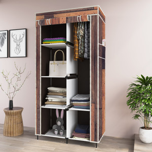 gtc printed almirah foldable closet for clothes 6 shelves  1 side pocket 2001-2 pp collapsible wardrobe finish color - brown diydo-it-yourself
