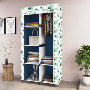 gtc printed almirah foldable closet for clothes 6 shelves  1 side pocket 2001-3 pp collapsible wardrobe finish color - peacock blue diydo-it-yourself