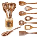Gudamaye 13 inch Long Wooden Spoons for Cooking,Wooden Utensils for Cooking with Utensils Holder,9 PCES Wooden Kitchen Utensils Set with Utensils Holder and Spoon Rest,Natural Teak Wooden Spoons Set